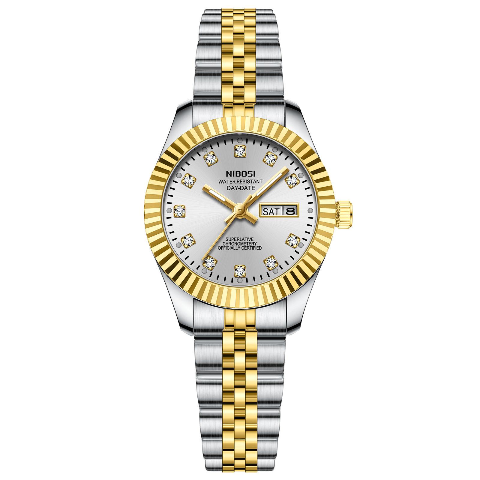 Nibosi 2697 Silber Gold Diamant Damen Uhren Edelstahl Armband Quarz Uhr Wasserdicht Kalender Leuchtend Damen Armbanduhren Nibosi 2697 beige
