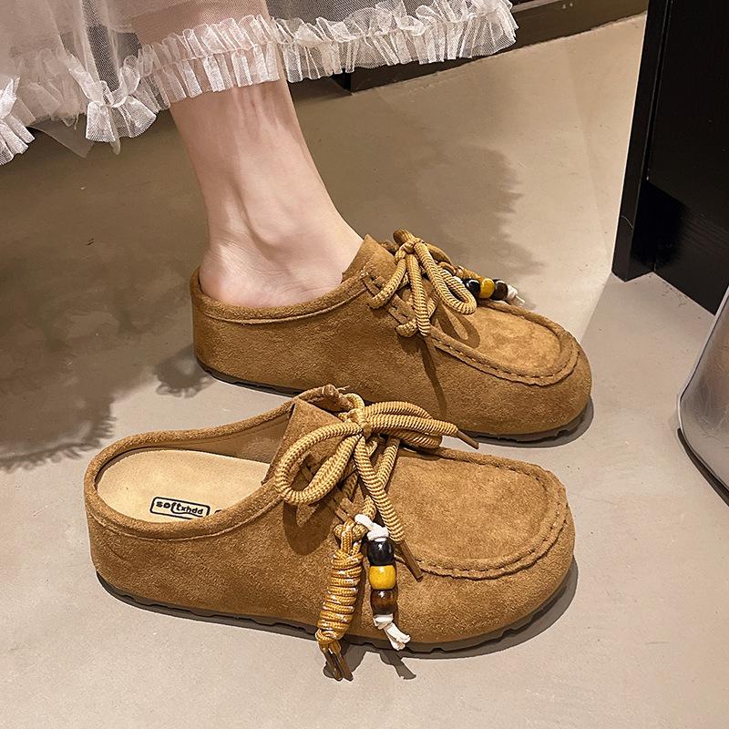 Retro Beaded Bag Head Boken Half Slippers Women's 2025 New One-pedal Thick-soled Literary Mori Versatile Muller Shoes