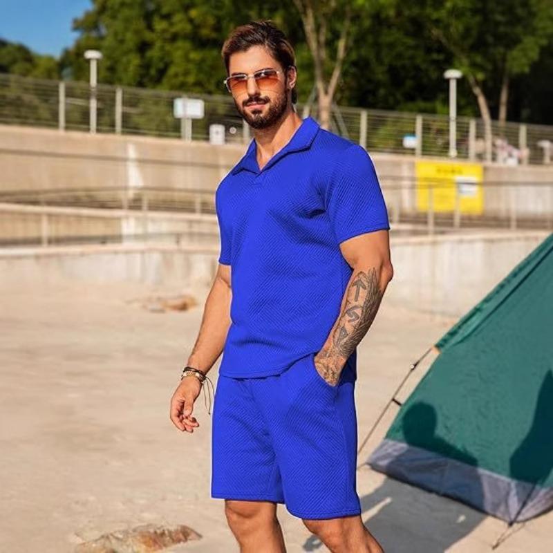 Men's Knitted Sweater Summer Casual Textured Beach Short Sleeve and Shorts Set