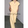 Cotton Blend Lapel Sleeveless Drop Shoulder Design Loose Vest 5216065 Mid Waist Wide Leg Pants 5216064