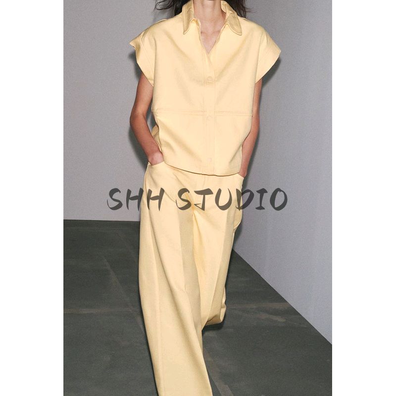 Cotton Blend Lapel Sleeveless Drop Shoulder Design Loose Vest 5216065 Mid Waist Wide Leg Pants 5216064