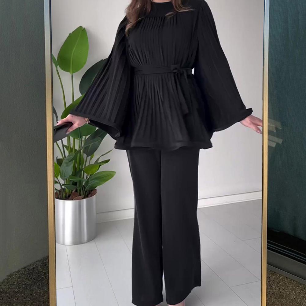 2 Pcs/Set Women Top Pants Pleated Horn Sleeves Lace-up Bow Tight Waist Big Hem Round Neck Blouse Wide Leg Solid Color Trousers O