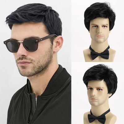 Men Short Layered Hair with Bangs Synthetic Black Wigs for Male Daily Cosplay Party Heat Resistant Fibre