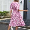 Women's Casual Printed V-Neck Short Sleeved Waist Dress Bohemian Beach Skirt Beach Skirt