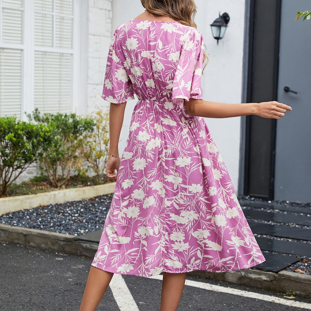 Women's Casual Printed V-Neck Short Sleeved Waist Dress Bohemian Beach Skirt Beach Skirt