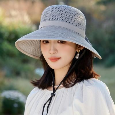Sonnenhut Damen Gesicht Klein Lafite Strohhut Schleife Offener Bucket Hat Hut mit großer Krempe Hohlbeckenhut