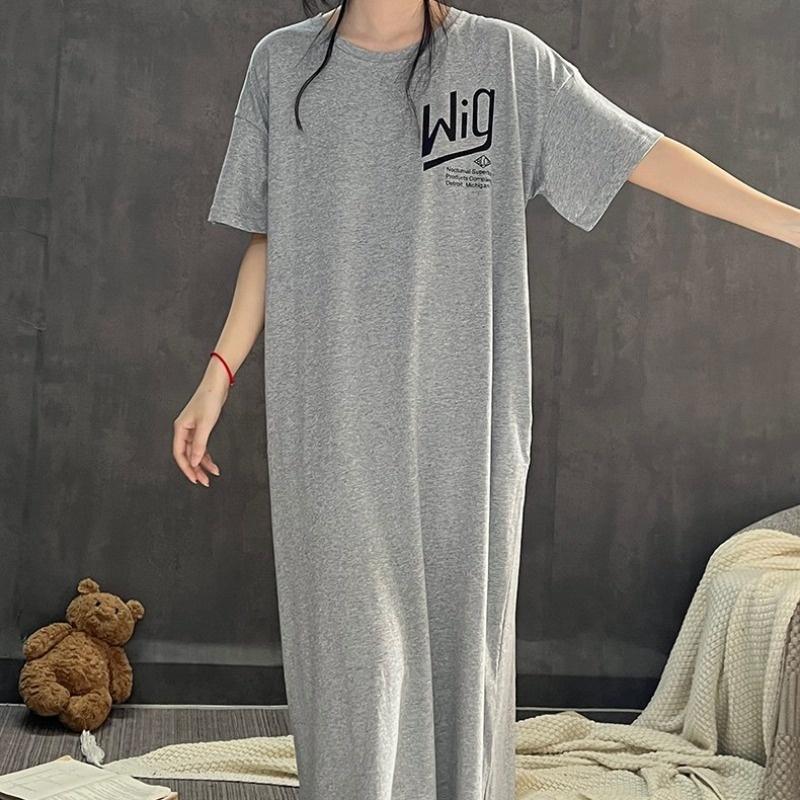 Loose-fitting Large-sized Women's Round-neck Short-sleeved T-shirt Dress, Long Laid-back Style Dress, Knee-length Sleeping Dress