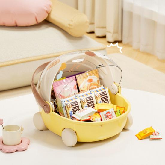 Storage Box Cartoon Trolley Shape Display Case with Handle And Rotating Dust-Proof Cover Organizer for Dolls Jewelry Stationery