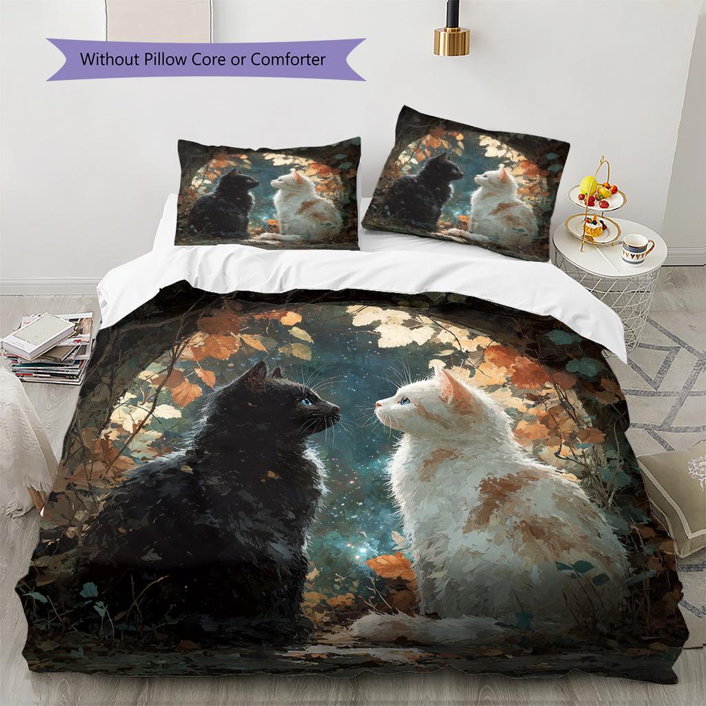 Leaf Cat Pattern Bedding Quilt Set Home Decoration Gift (1 * duvet cover + 2 * pillowcase without core)