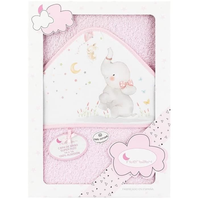 Cape de bain - Interbaby - Éléphant - 100 x 100 cm - Coton - Rose/Blanc