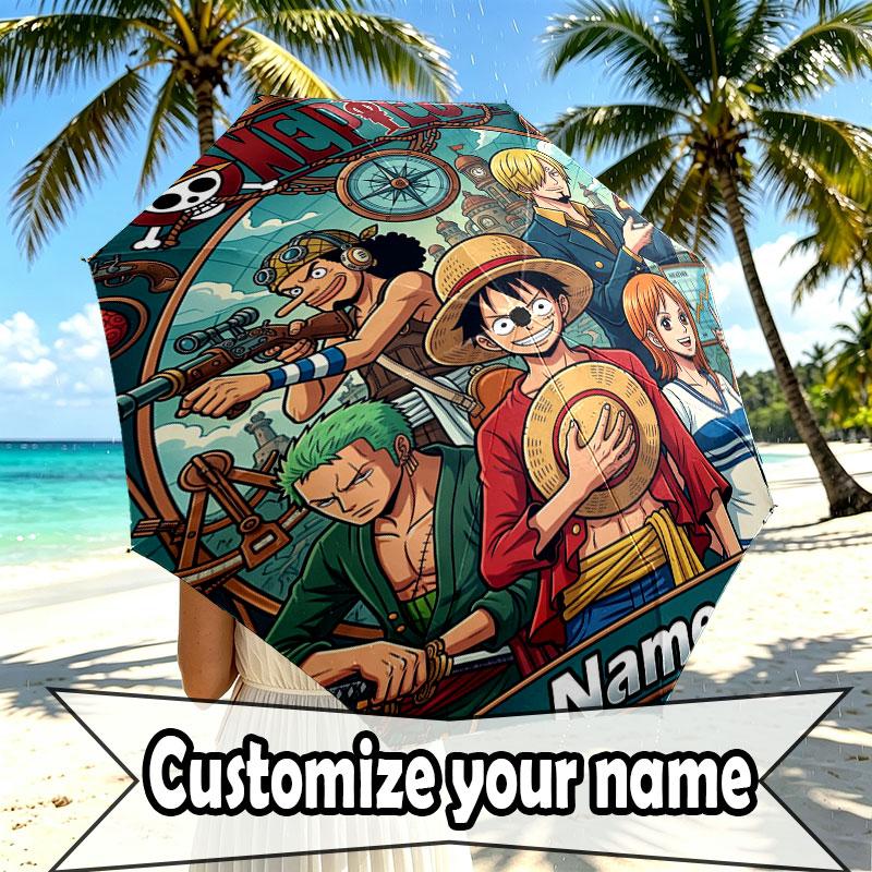 Custom Name Personalized ONE PIECE Print Umbrella, Auto Open Close, 8‑Rib Sturdy Frame, Commute Camping Hiking Use, Birthday Gift