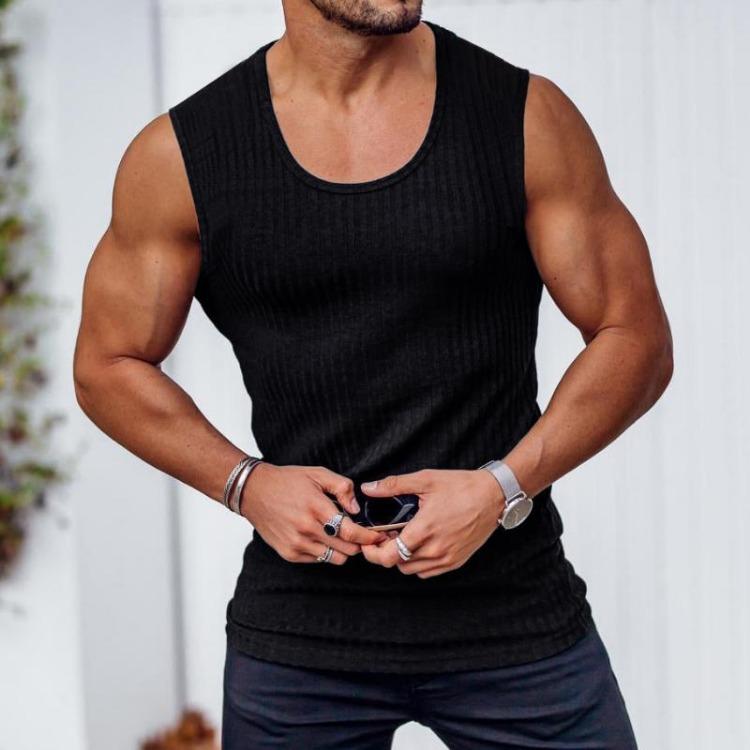 Men Sleeveless Fitness Tank Top Solid Knit Workout T-shirt Sport Running Training Gym Bodybuilding Summer Tee