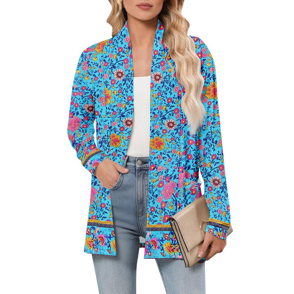 Damen Langarm Strickjacke V-Ausschnitt Mode Bedrucktes Hemd Leicht Lässig Locker Dünne Strickjacken Mit Taschen