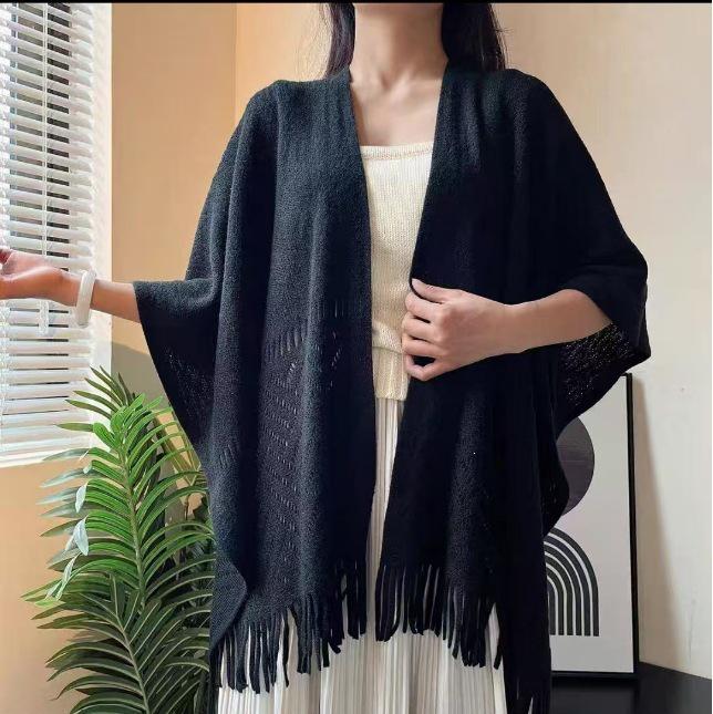 Artistic Tassel Knit Qipao Cardigan Cloak: Versatile Solid Color Shawl Women’s Coat