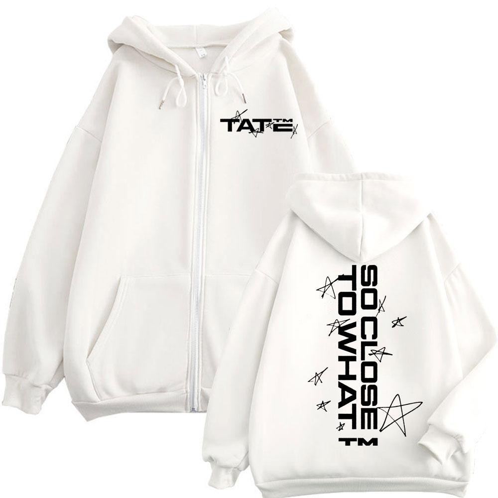 Tate McRae So Close To What Potisk Mikina na zip Vysoká kvalita Módní Mikina na zip Pánská Dámská Nadměrná Fleecové Pulovry