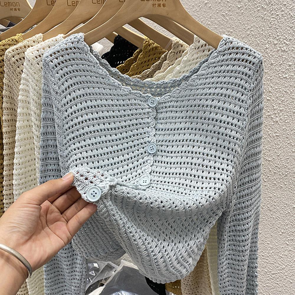 Knit Cardigan for Women Long Sleeve Single Breasted Sweater Jacket Crop Openwork Cardi Top Female Basic Daily Outfit