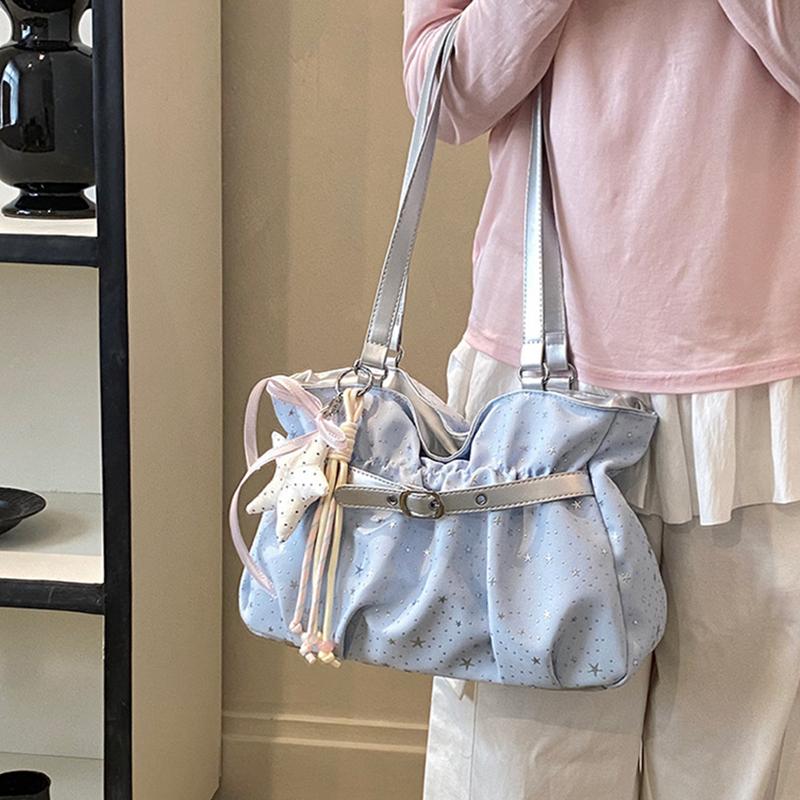 Fashi Pleate Star Handbag,korean Exquisite Leather Strap Decorate Underarm Bag,casual Large Capacity Commuter Bag With Pendant
