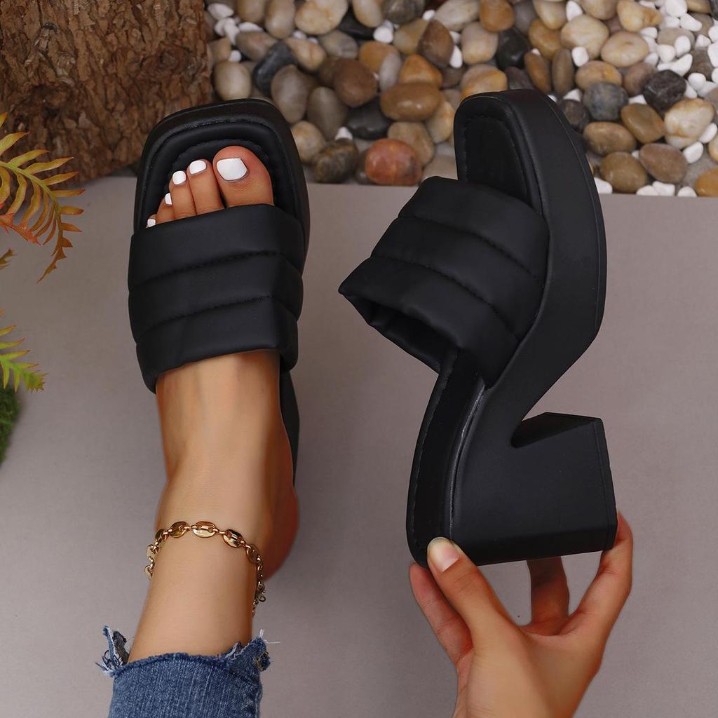 European-American Thick-Sole Chunky Heel Square Toe Sandals - Women's Summer High-Heeled Wide-Strap Slippers