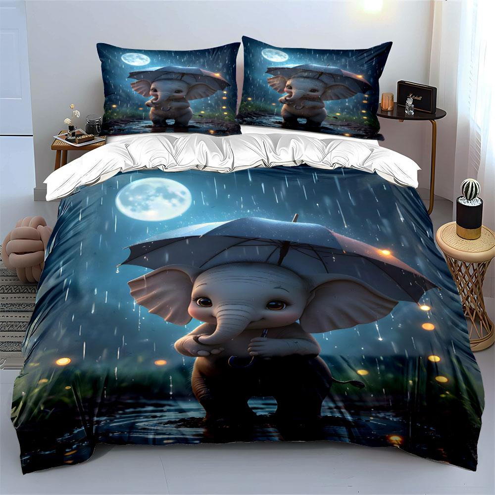 Baby Elephant Under Umbrella In Rain Print Bedding Set 1Duvet Cover 2 Pillowcases for Adult and Children Luxury Gift Full Size