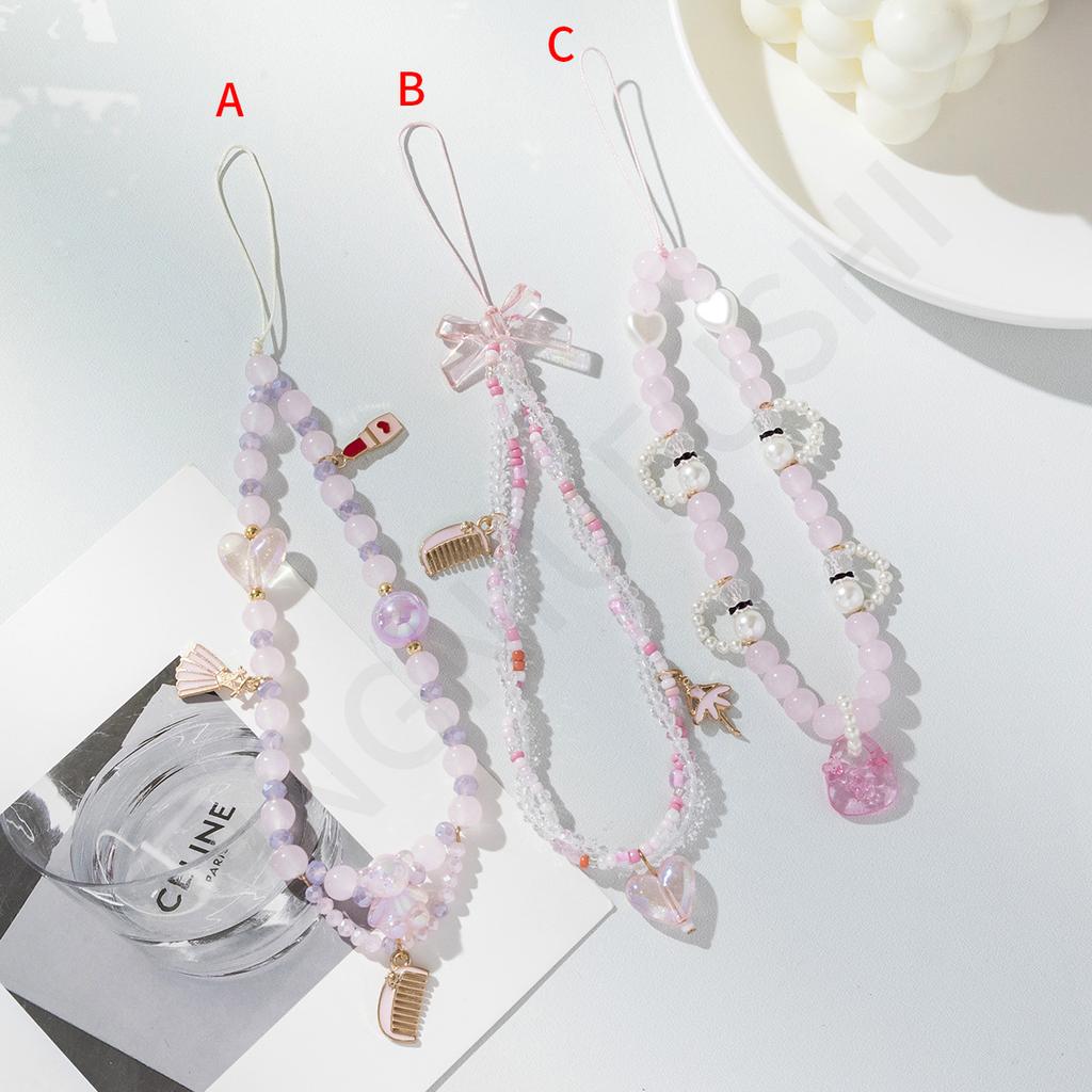 New small fresh pink purple glass beaded mobile phone chain niche design girl heart mobile phone lanyard pendant