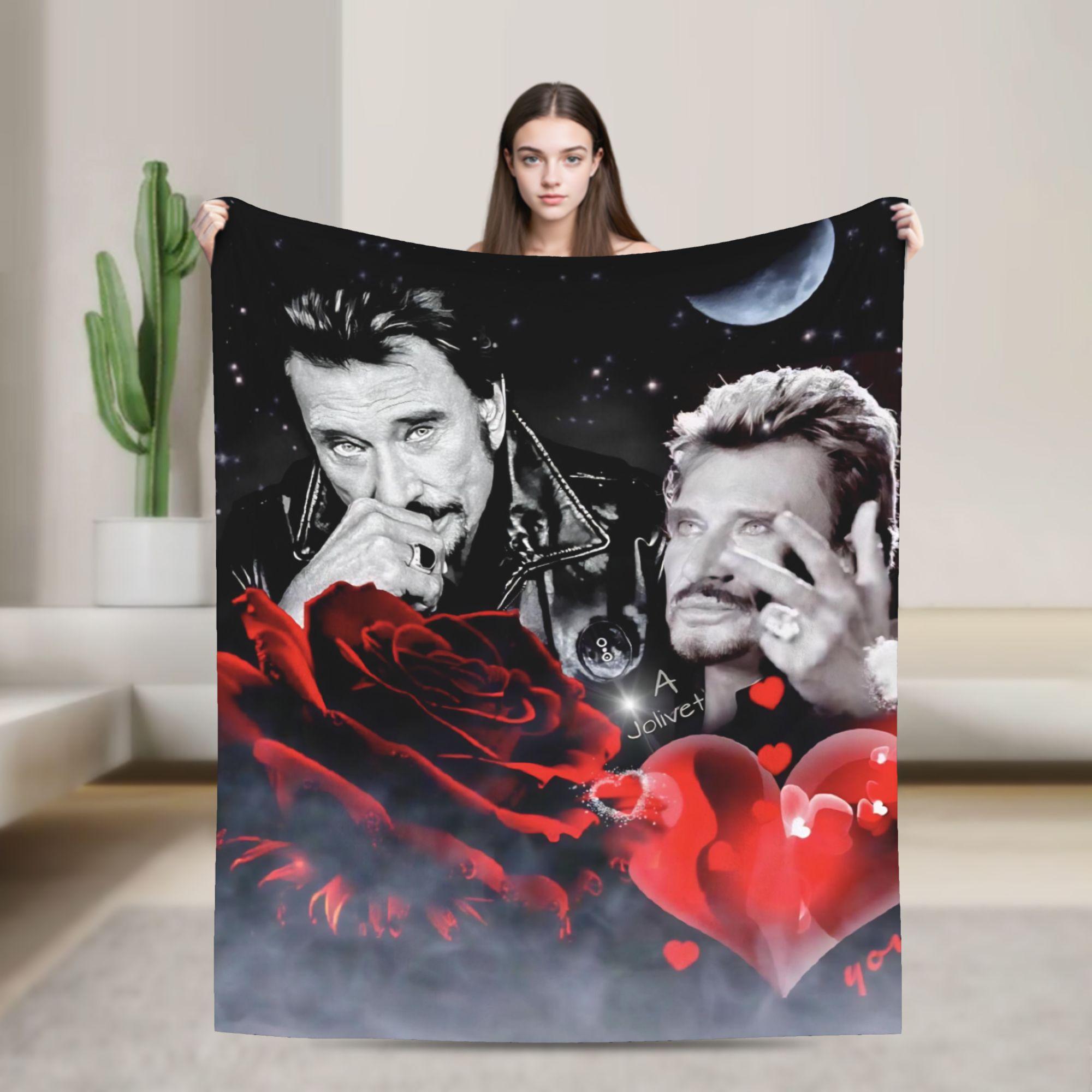 Rock Star Johnny Hallyday Flannel Blanket Soft Warm Throw Blanket for Outdoor Travel Novelty Bedspread Sofa Bed Cover 130x150cm