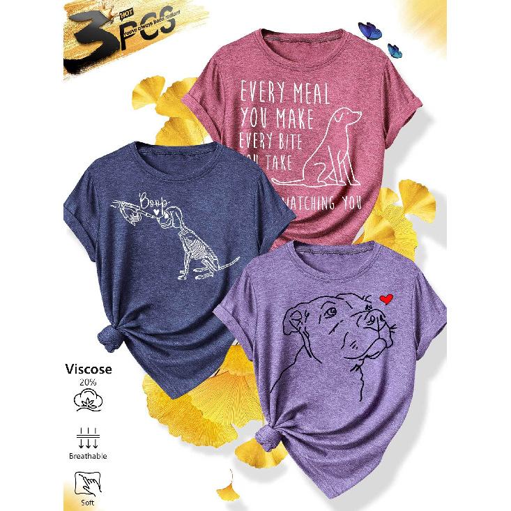 3Matching outfits for sisters  family gatherings Fun dog print with text and lines, casual round neck, fresh and versatile, soft knitted fabric, 1XL