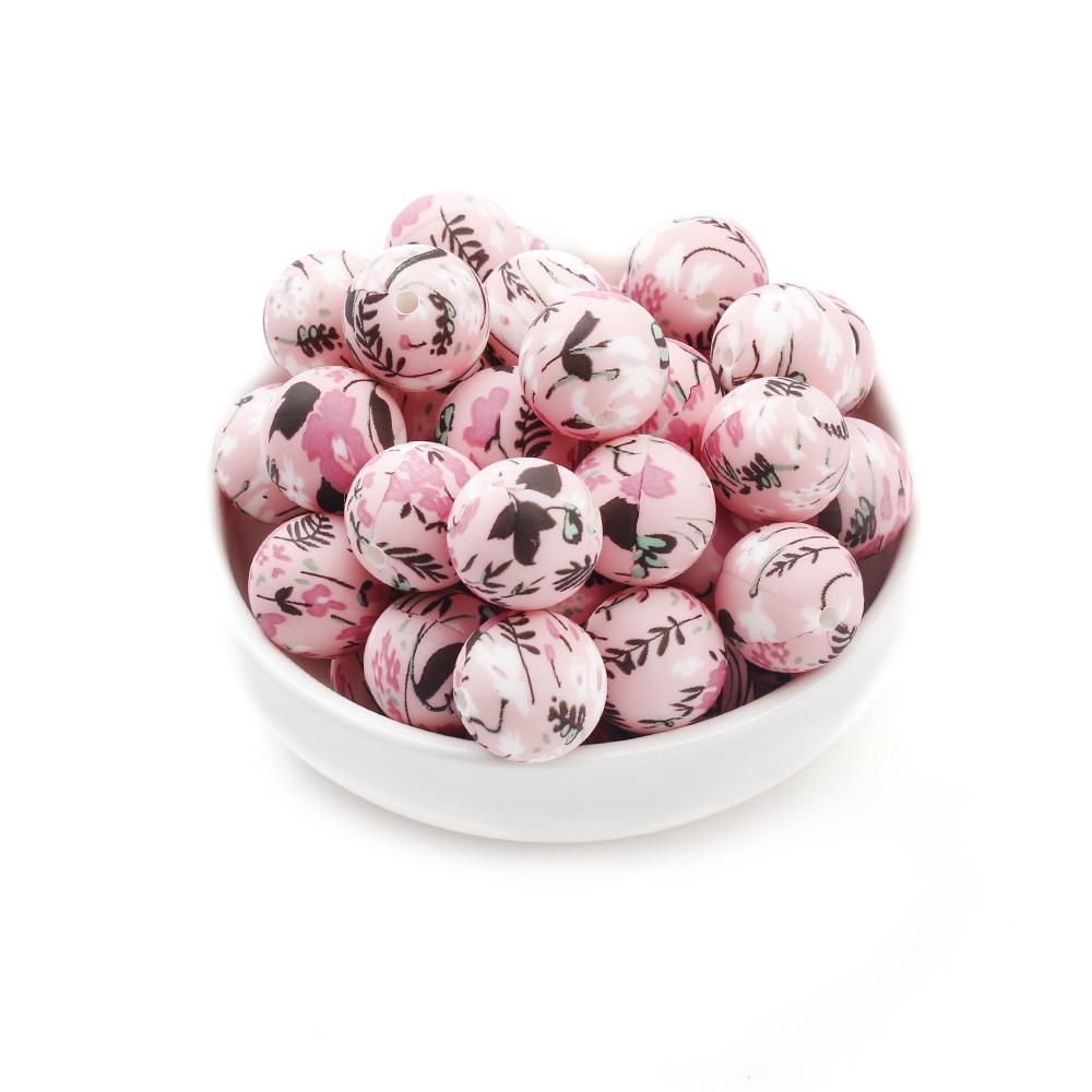 10Pcs 15mm New Silicone Beads Round Print Colorful Spacer Beads Food Grade Baby Nursing Necklace Pacifier Chain Teether Toys