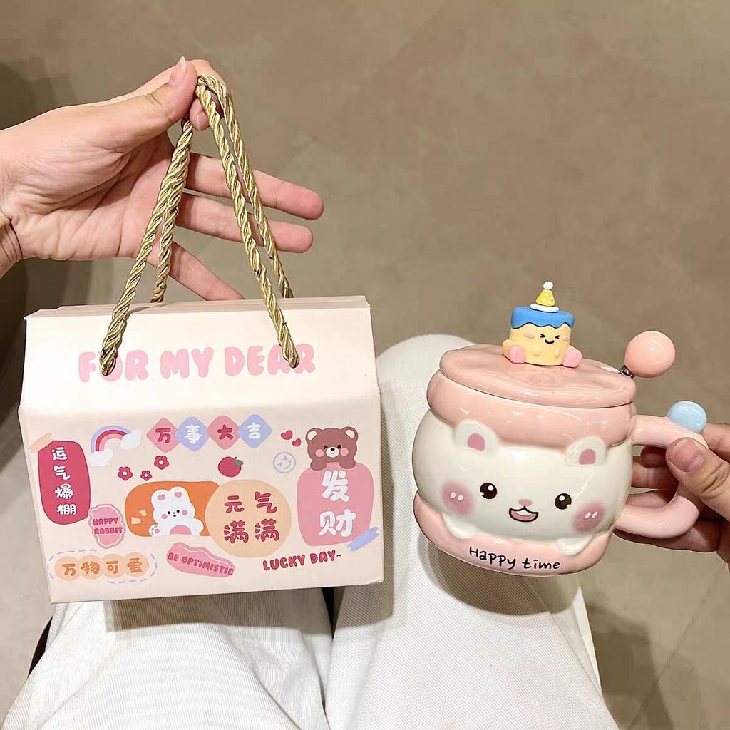 Cute Ceramic Mug With Lid Spoon Household Drinking Cup Couple Breakfast Coffee Cup Birthday Gift For Girls