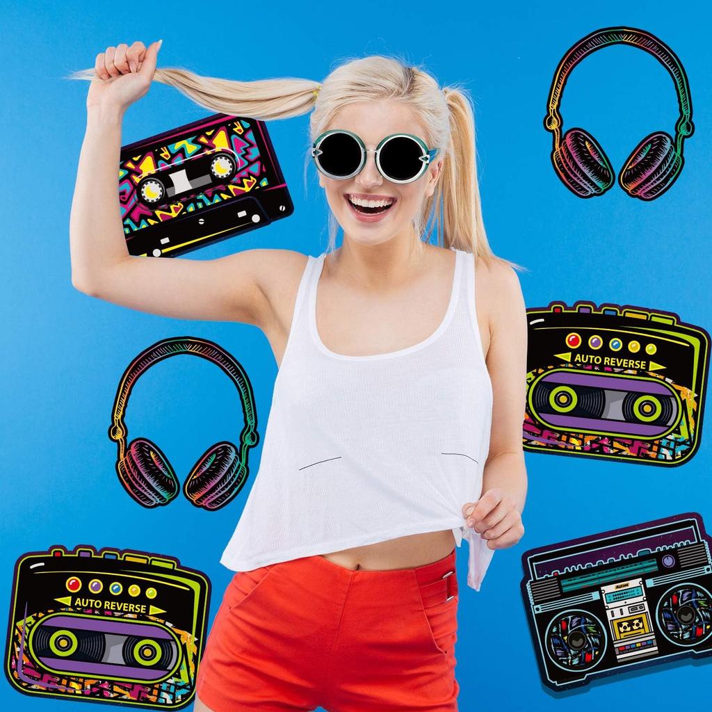 Outus 12 Pieces 80's Cassette Tape Party Decorations Retro 80's Cutouts Large Cassette Player Cutouts Headphones Radio for 1970s Party Posters Decor