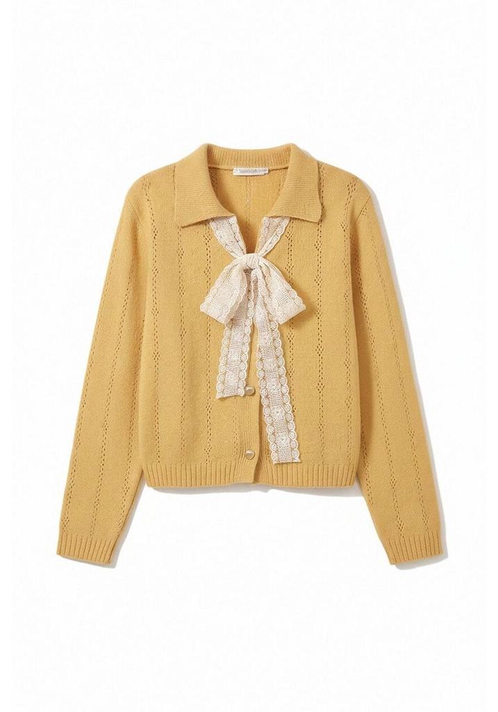 Yellow Women's Loose Knit Cardigan with Bow - Autumn Winter Sweater 2026