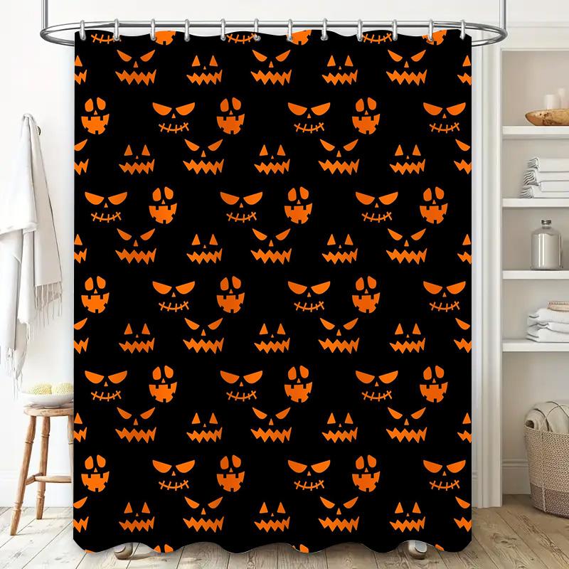 Halloween-Themed Waterproof Shower Curtain Featuring Spooky Jack-O'-Lanterns On Black Background Perfect For Creating A Festive