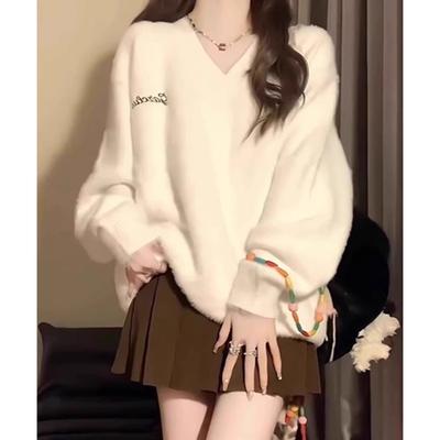 Nuovo Pullover in Visone Bianco Latte Scollo a V Impermeabile da Donna Autunno Inverno Morbido e Gommoso Lavorazione a Maglia Larga Stile Pigro Top di Tendenza