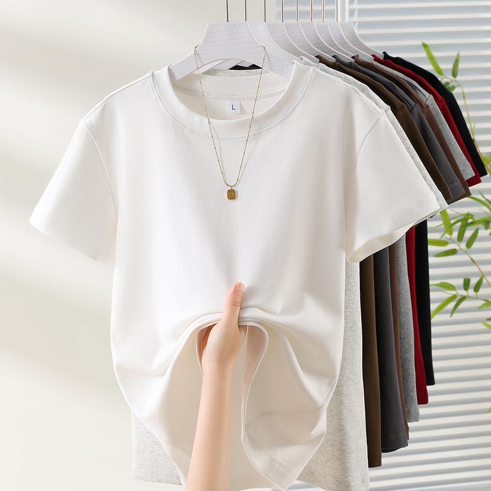 Women's Ribbed Cotton Round Neck T-Shirt - Short Sleeve, Casual Slim Fit, Summer Essential