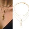 Gargantilla con colgante de cruz de rosa en tono dorado multicapa bohemia, joyería para mujer