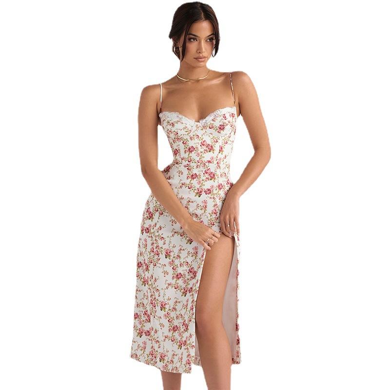 QICED Little Floral Boho Split Sexy Halter Dress Woman