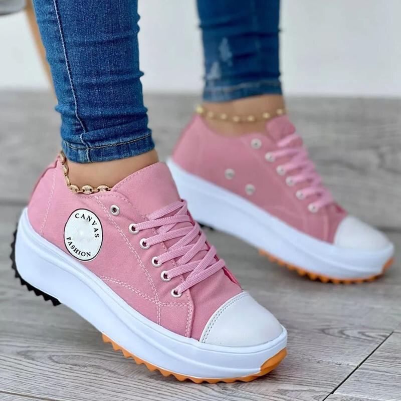 Scarpe di Tela Primavera Estate da Donna Moda Colore Caramella Sneakers con Zeppa Allacciatura Scarpe Singole da Donna Scarpe Piatte Casual da Donna