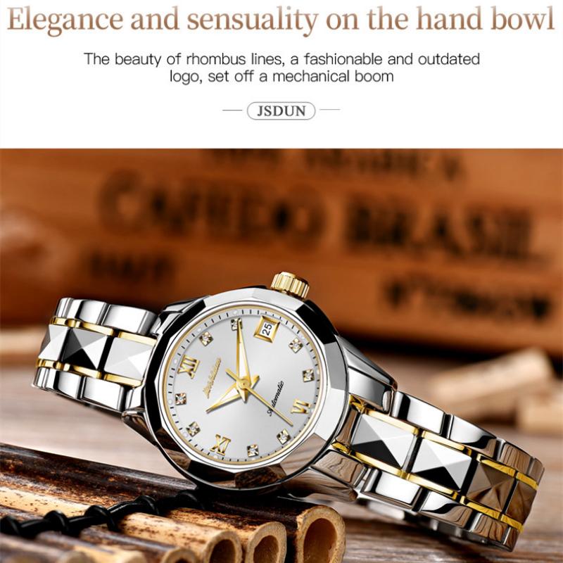 JINSHIDUN New Business and Leisure Ladies Watch Single Calendar Tungsten Steel Mechanical Watch Luminous Waterproof High-end Watch