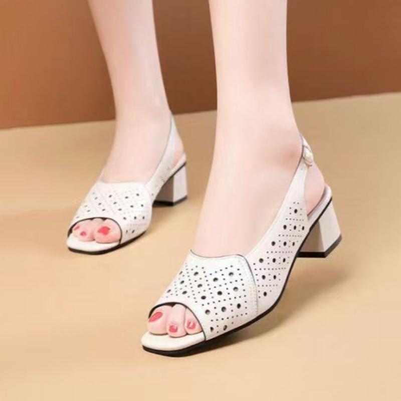Versatile Thick Heel Fashionable Hollow Fish Mouth Sandals for Women Summer Mid Heel Buckle Sandals
