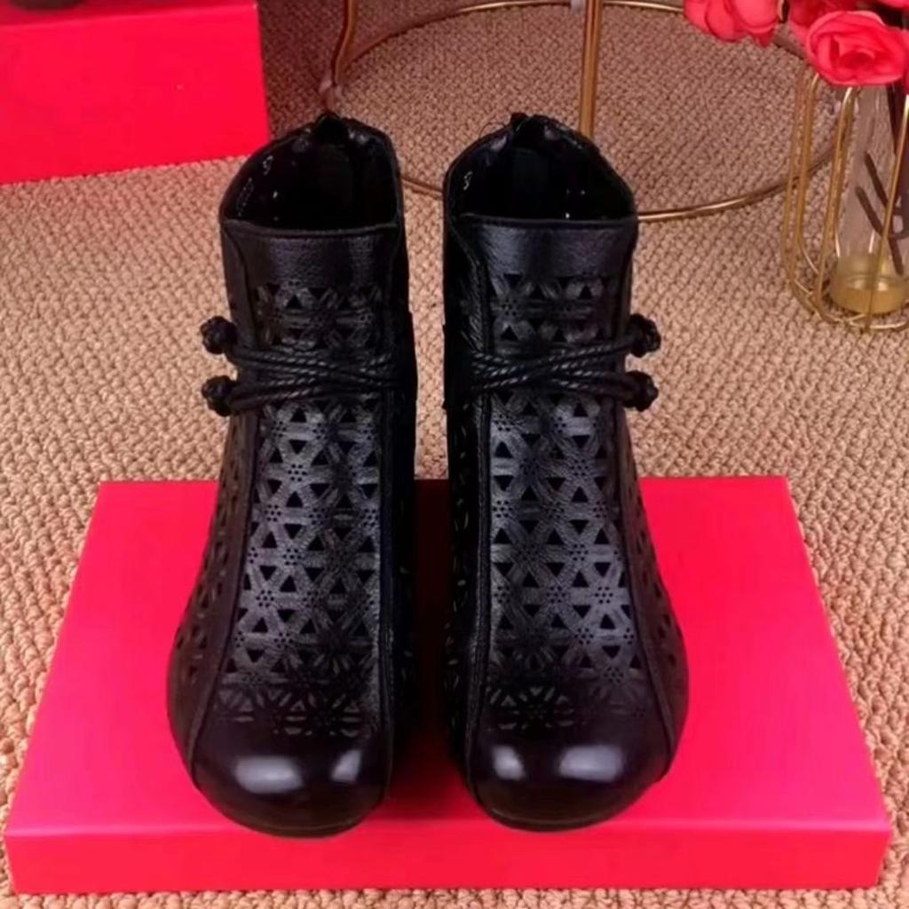 2025 Summer New Hollow Short Boots Thick Heel Cool Boots Soft Sole Retro Casual Middle-aged Dancing Lightweight Middle Heel Net Boots