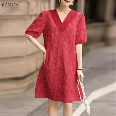 Women Casual V-Neck Short Sleeve Elegant Patchwork Dress