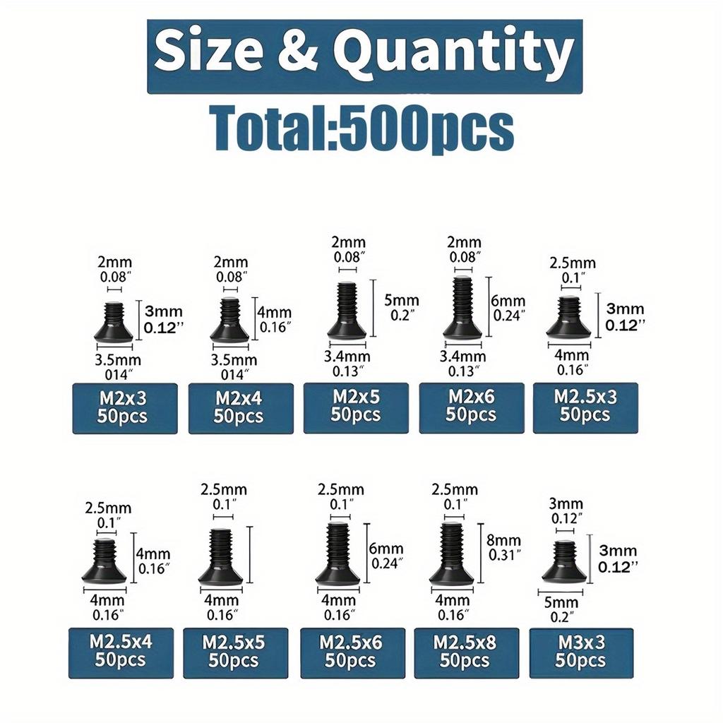 KM Boxed Screws Cross Countersunk Head Laptop Screws 500Pcs Black Small Screws M2M2.5M3