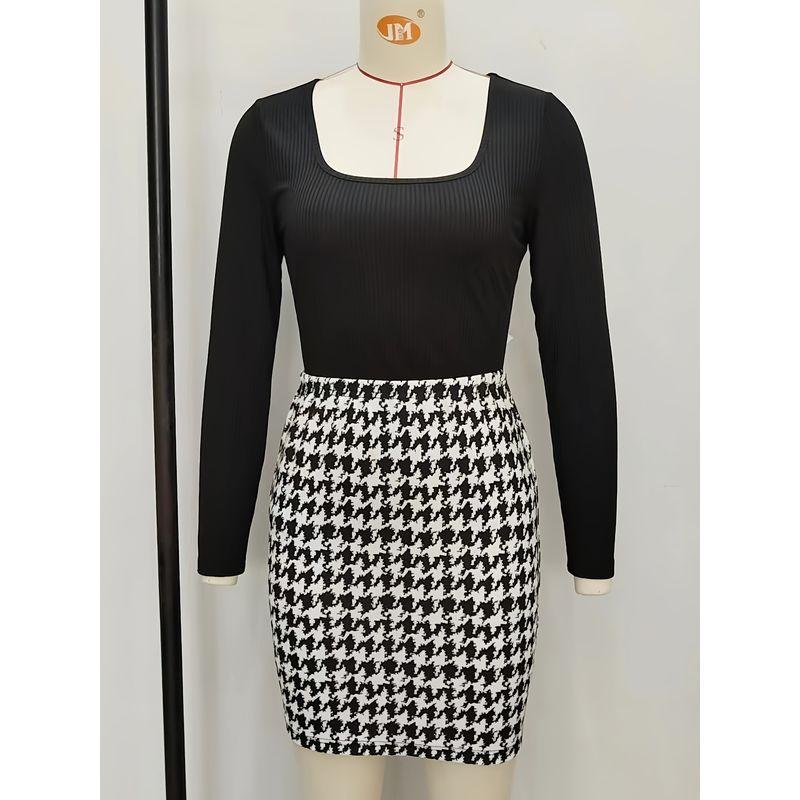 

Западный стиль Новая мода Повседневный Приталенный Топ с длинным рукавом Юбка Костюм-двойка Комплект из топа и юбки Black XL