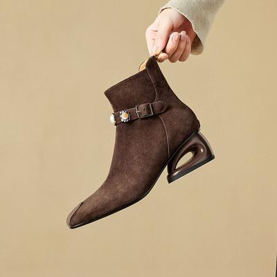 Fashion NEW Winter Women Boots Square Toe Strange Heel Shoes Sheep Suede Leather Shoes for Women Zipper Ankle Boots Elegant Modern Boots