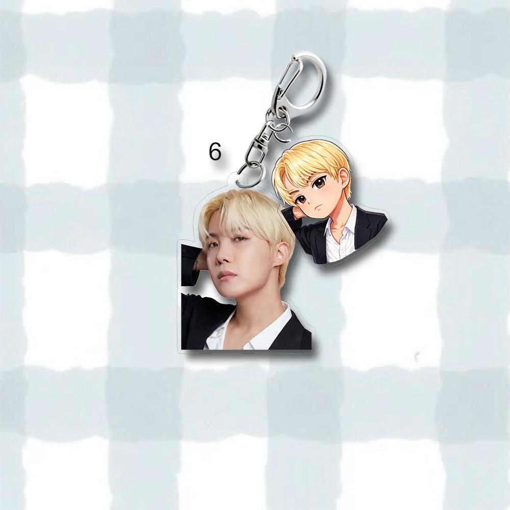 BTS Takım Elbiseli Fotoğraf & Anime Karikatür Çift Akrilik Anahtarlık, Bangtan Boys Gerçek Fotoğraf + Karikatür Figürlü Anahtarlık, ARMY için K-pop İdolü Çanta Süsü