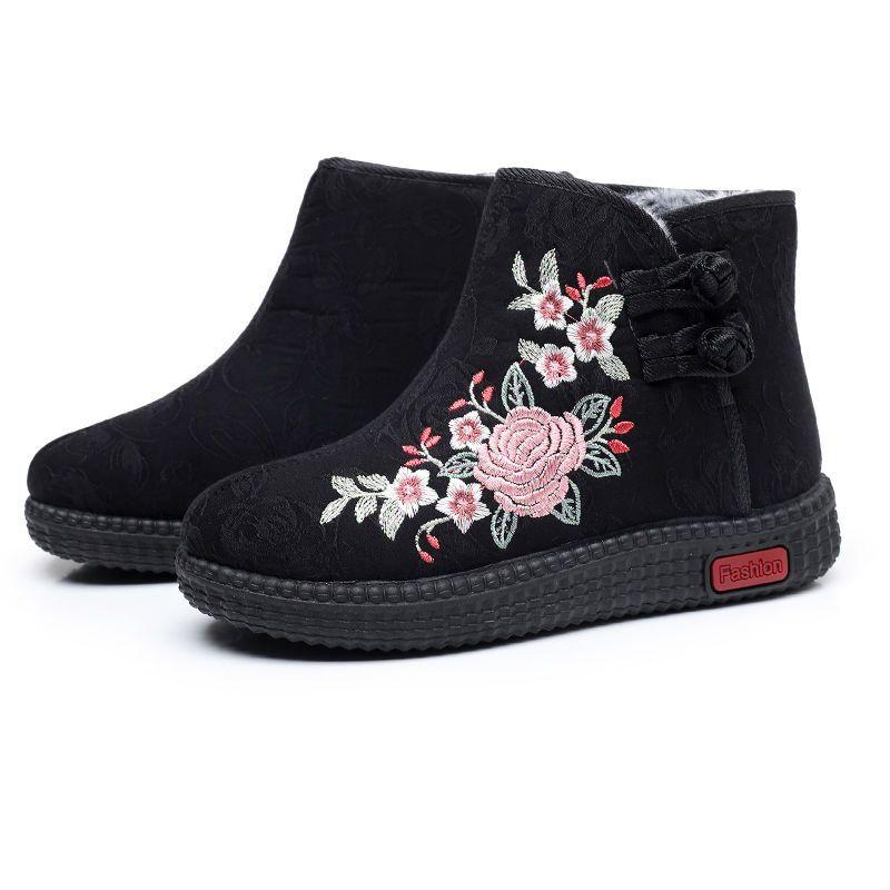 Women Winter Autumn Embroidered Short Boots Warm, Non Slip, Cotton Shoes with Soft Soles for The Elderly - Ethnic Style