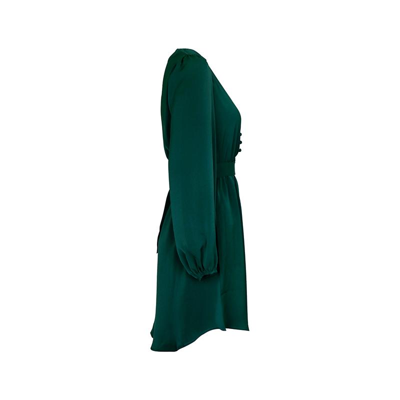 Women Spring Solid Color V Neck Long Sleeve Lace Up All Match Chic Dresses