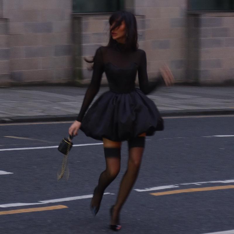 Women Black Satin Mini Dress High Neck Mesh Sleeve Bubble Hem Evening Party Elegant Formal Wear Slim Fit Cocktail Attire