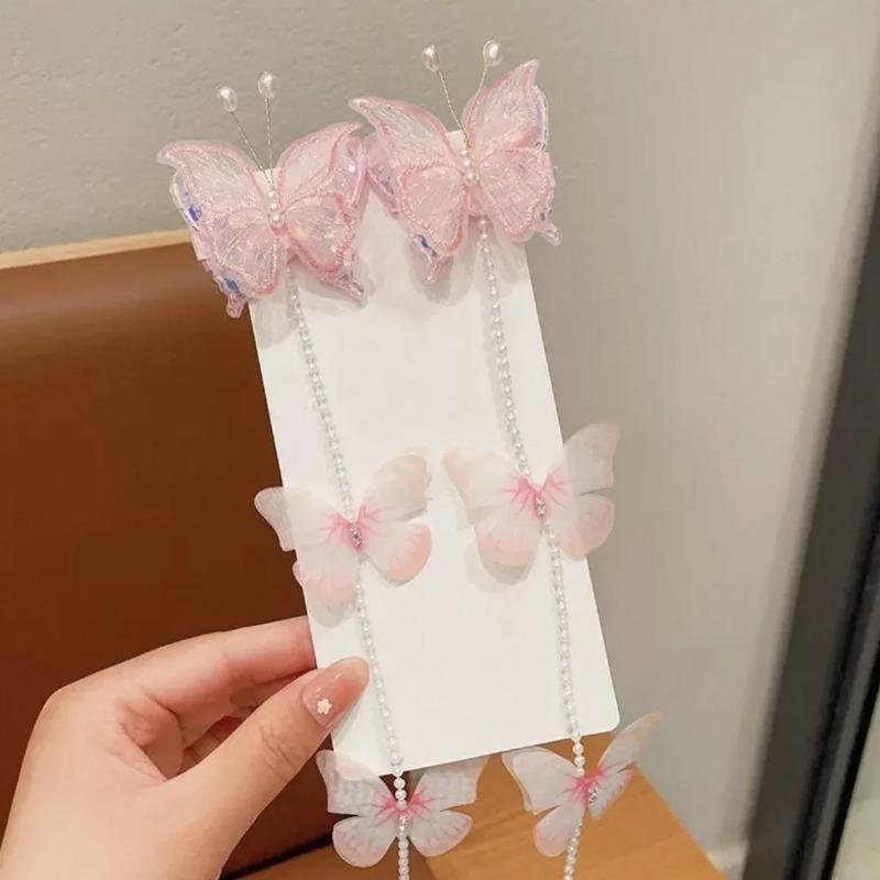 2pcs Children's Pearl Butterfly Braided Hairpin Sweet Tassel  Hair Rope Princess Headwear Girls Kids Hair Accessories