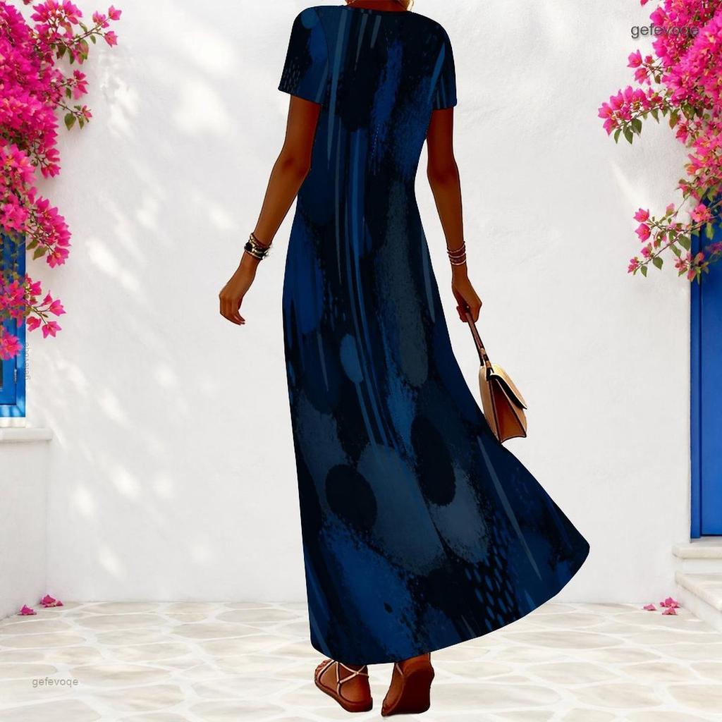 Women Plus Size V Neck Short Sleeve Printed Navy Blue Maxi Dress