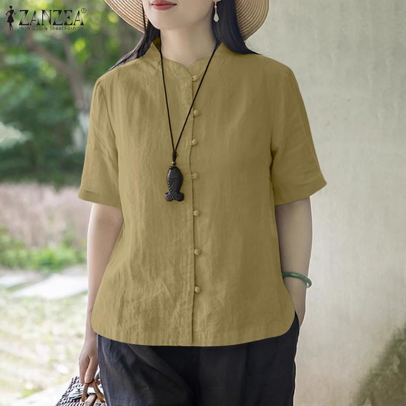 ZANZEA Women Casual Stand Collar Loose Half Sleeve Cotton Blouse